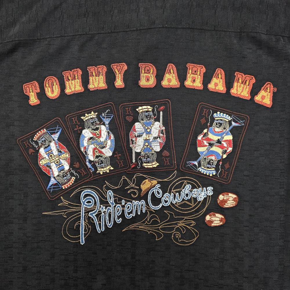 Americana Lounge Tommy Bahama Silk Camp Shirt Men L Black Embroidered Casino - Picture 4 of 11